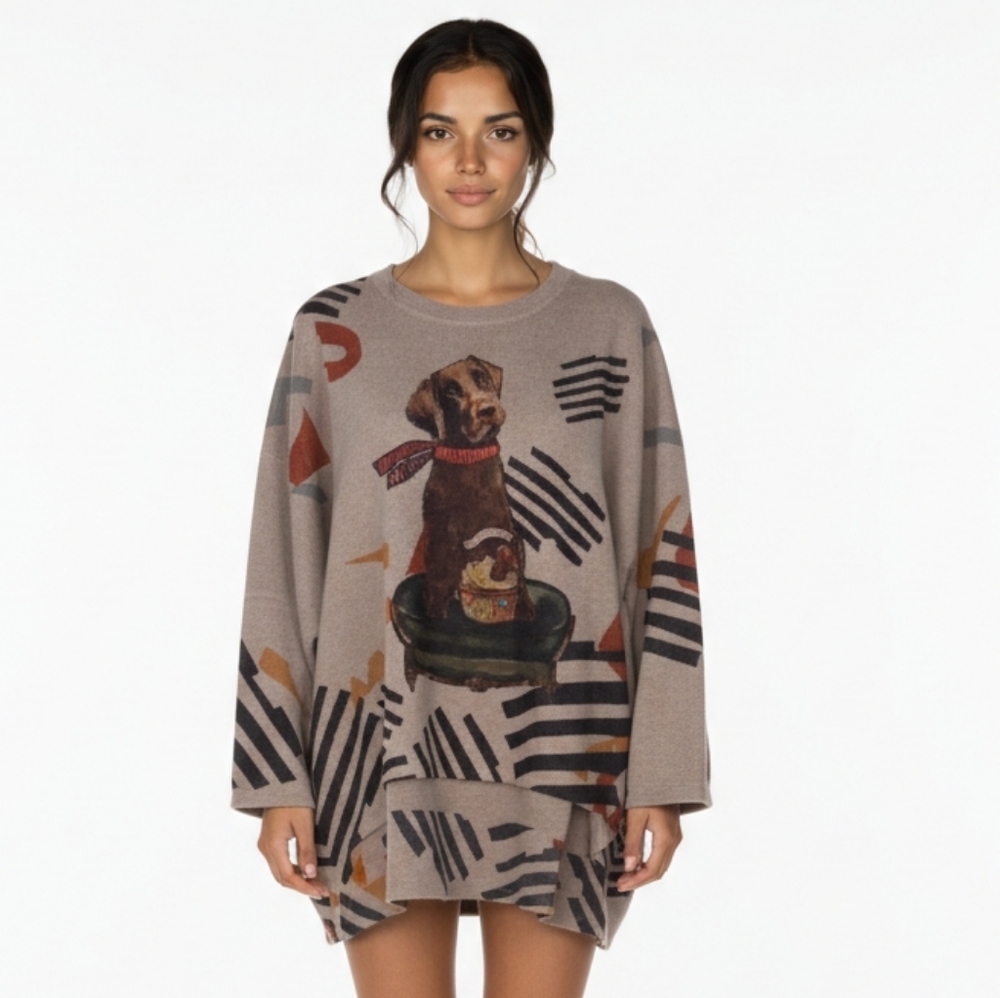 Inoah Boxy Graphic Dog Print Oversized Flannel Cozy Sweater Oversized (Bx13)